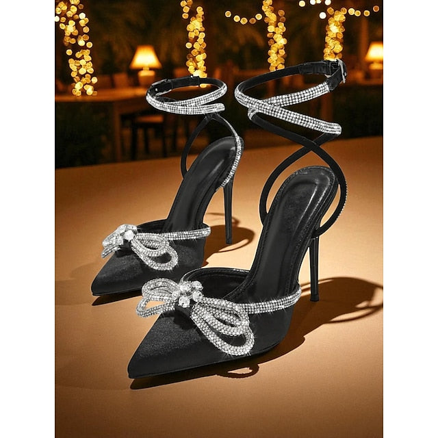 Bow Heels Women's Stiletto Rhinestone Satin and with Black