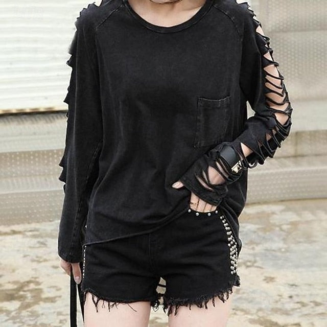 Women's Cold Shoulder Tops Vintage Washed Tops Tassel Cut