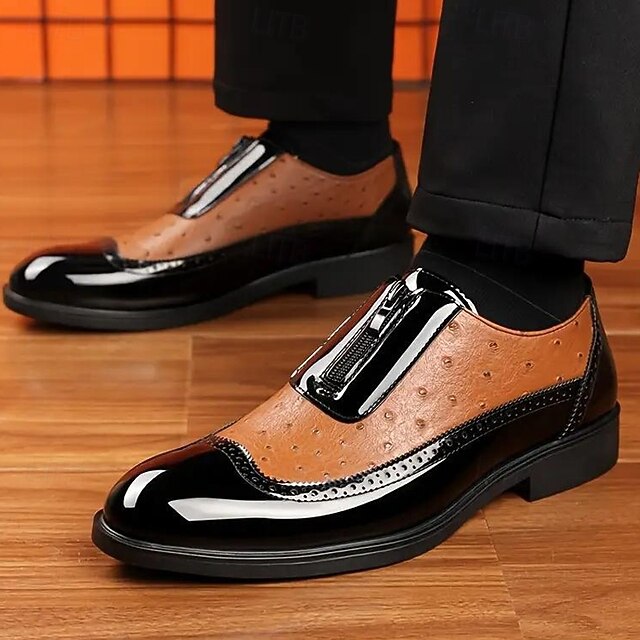 Colorblock Tan Patent Black and Formal Shoes with Men's