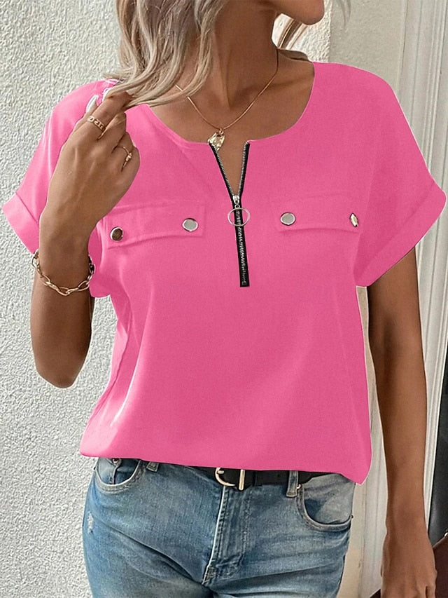 Women's T Shirt Tee Top Zipper Plain Fashion Stylish