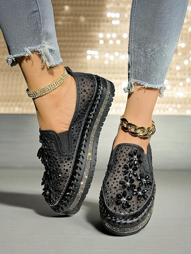 Rhinestone Sneakers with Mesh Women's Embellished Slip-On