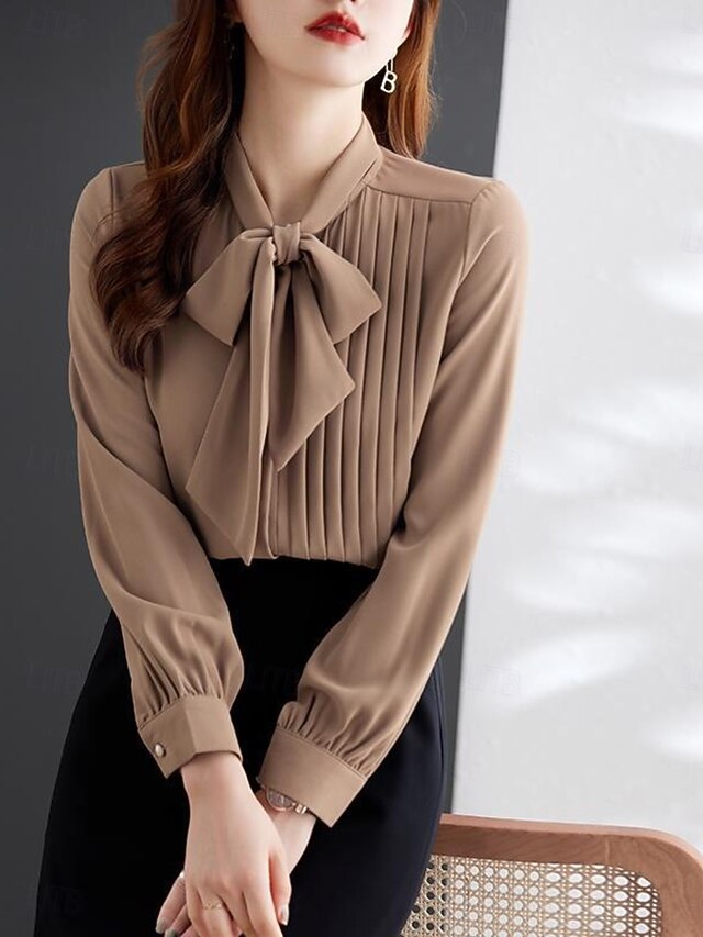 Women's Shirt Blouse Chiffon Tops Pleated Buttons Plain