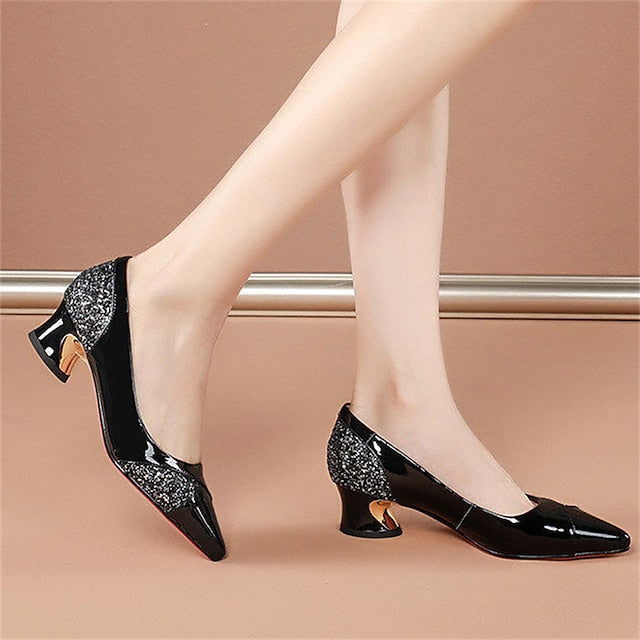 Women's Glitter-Accented Block Leather Patent Heels Faux