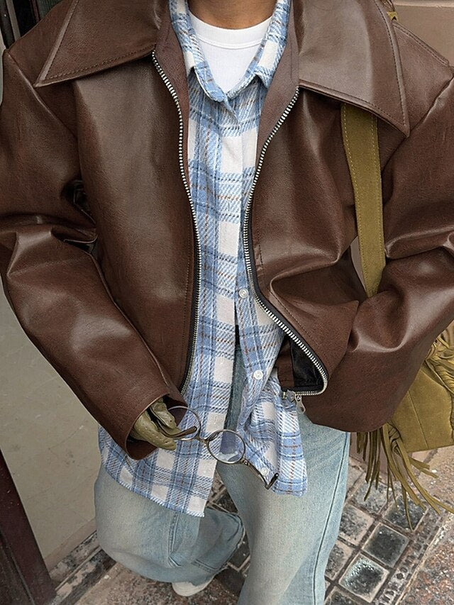 Zipper Pocket Leather Faux Jacket Women's Warm Comfortable