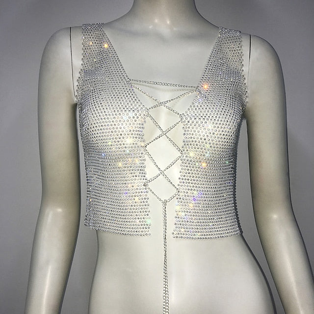 Metallic Sparkle Sexy Crop Tank Top Sheer Mesh Rhinestone Cover