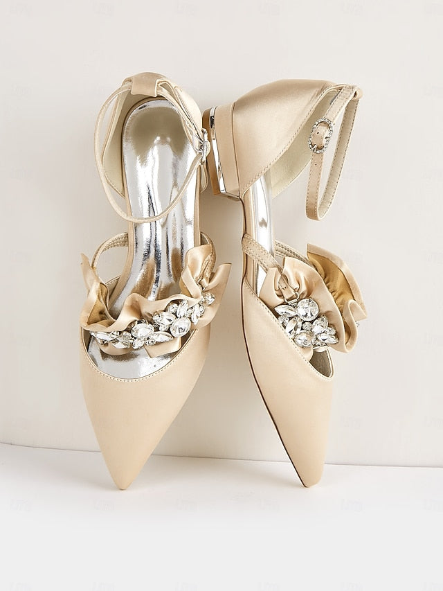 with Pointed-Toe Satin Women's Rhinestone Black Flats
