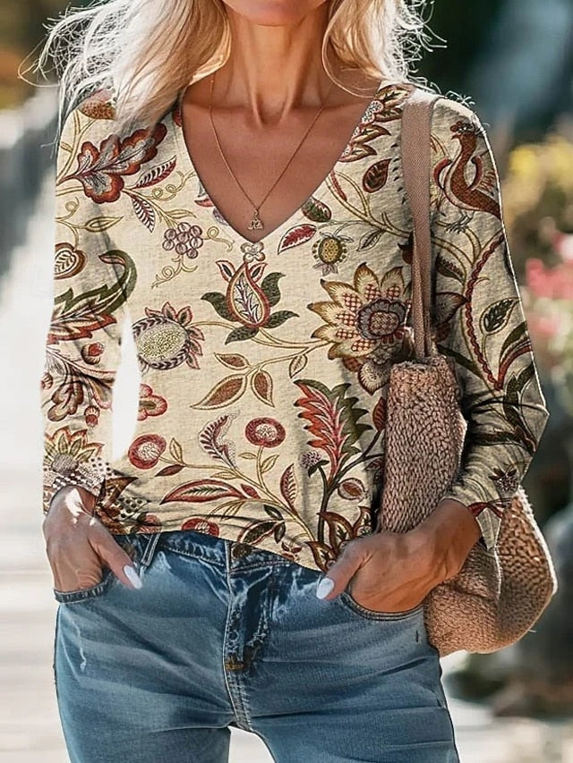 Women's Blouse Print Floral Bohemia Daily Long Sleeve V
