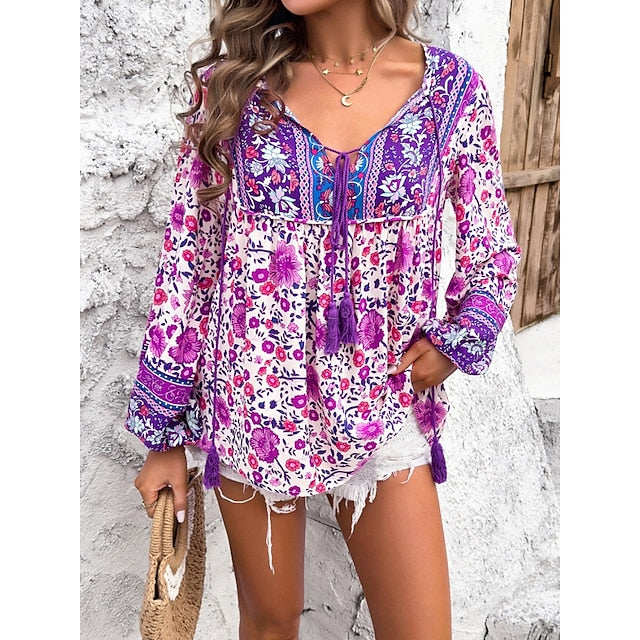 Women's Shirt Blouse Lace up Print Floral Bohemia Ethnic
