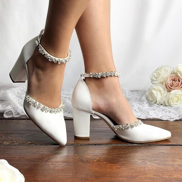 Women's White – Wedding Pointed Block Heel Toe with Shoes
