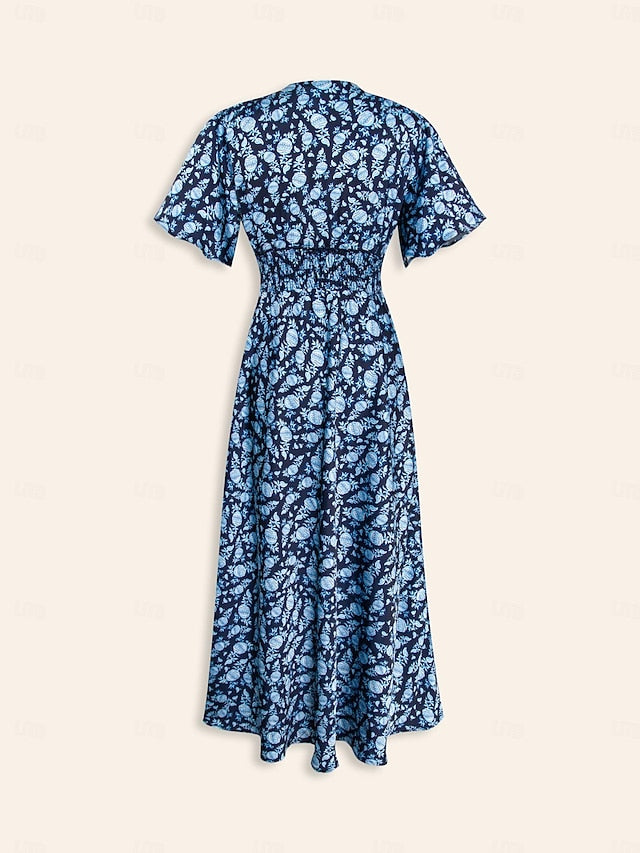 Satin Floral Print Smocked Waist Midi Dress