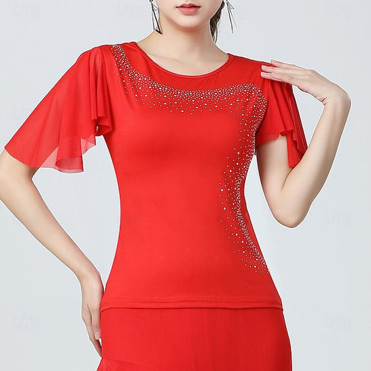 Latin Dance Ballroom Dance Top Glitter Pure Color Splicing