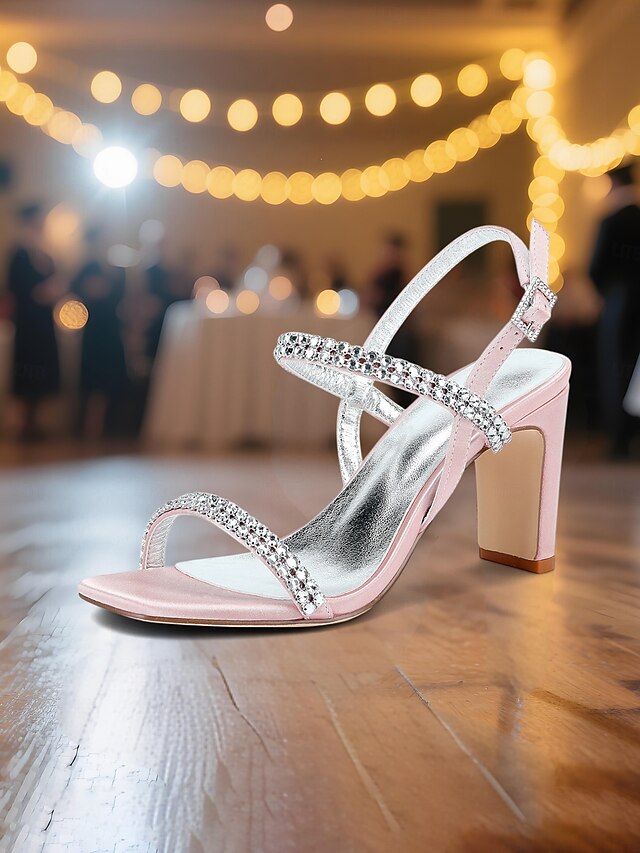 – Rhinestone Prom Women's Heel Sandals White Block Bridal