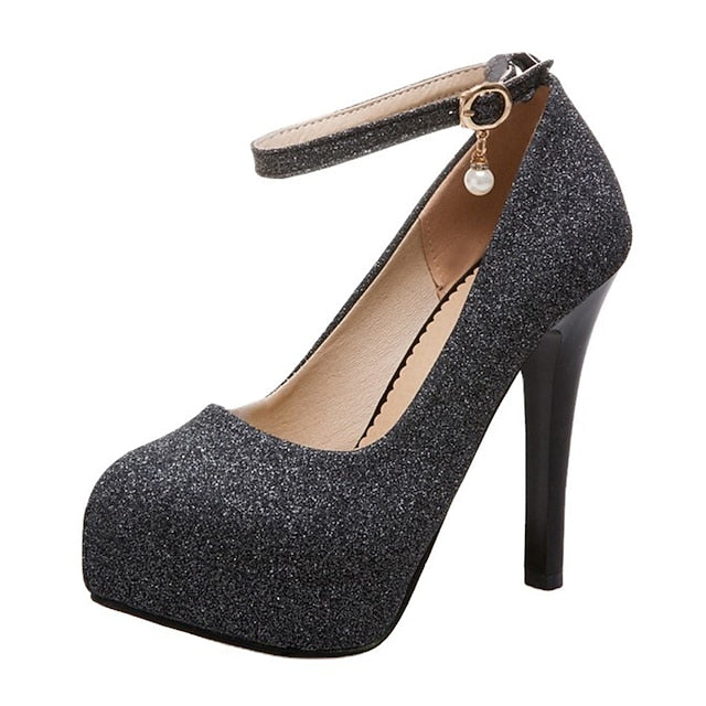 Silver Stiletto Platform with Ankle Glitter Heels Women's