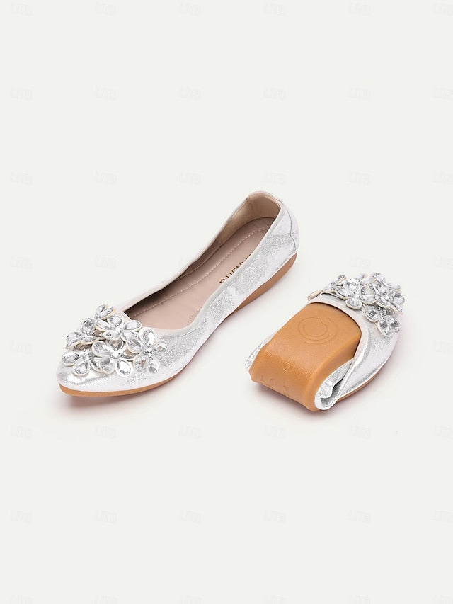 Foldable Women's Flats with Rhinestone Silver