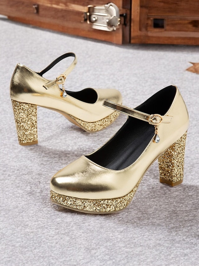 Women's Gold Sparkly Heel Pumps Jane Block Mary – Glitter