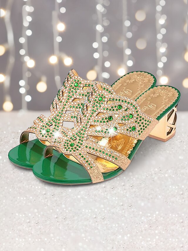 and Gold - Heeled Sandals Embellished Green Rhinestone