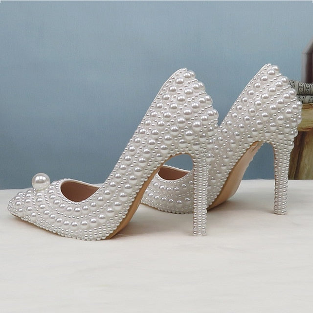 Pearl-Embellished and Round Heels Pearl White Stiletto Set Purse