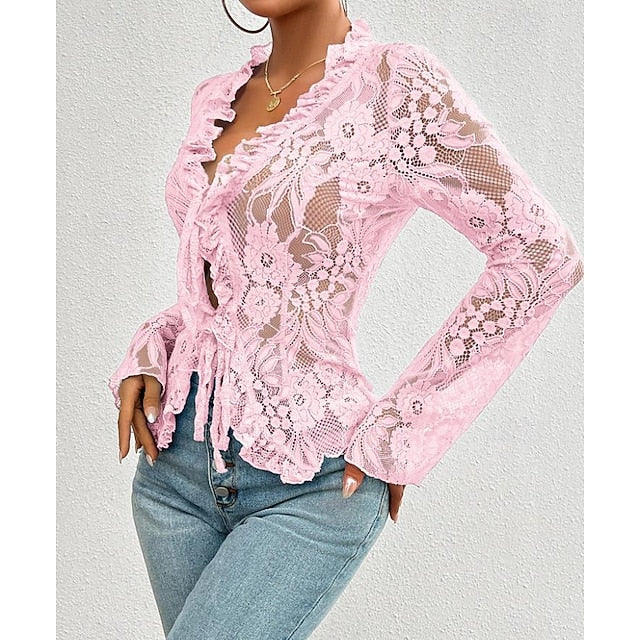 Women's Lace Solid Color Plain Stylish Long Sleeve Causal