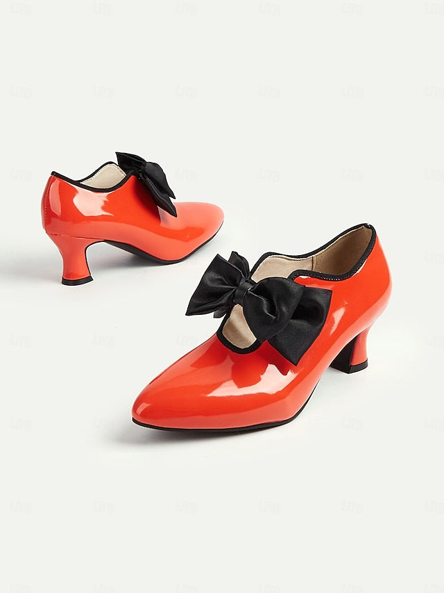 Women's – Patent Heel Leather Vintage Red 1920s Shoes Low
