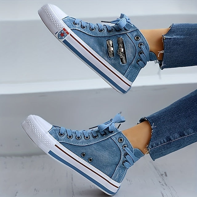 Women's Blue Denim High-Top Sneakers with Skull Charms and