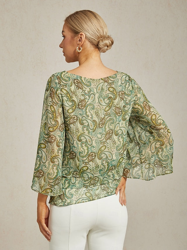 Women's Blouse Green Paisley Floral Layered 3/4 Sleeve