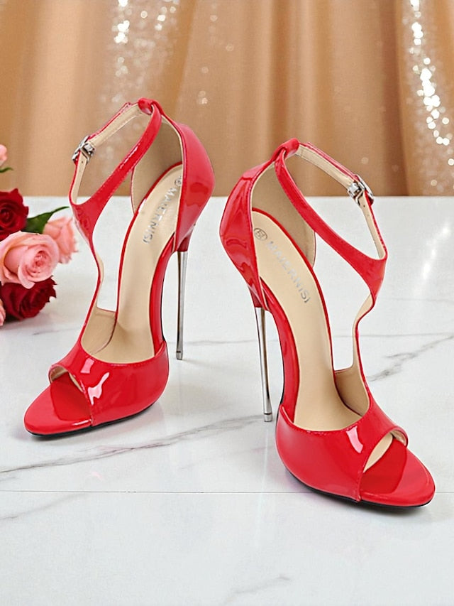 Patent Stiletto Open Leather Heels Red Strappy Women's -