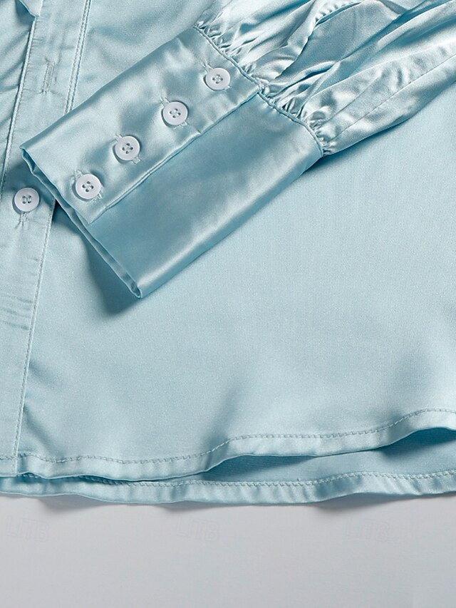 Women's Shirt Elegant Satin Top Blouse Buttons Bow Plain
