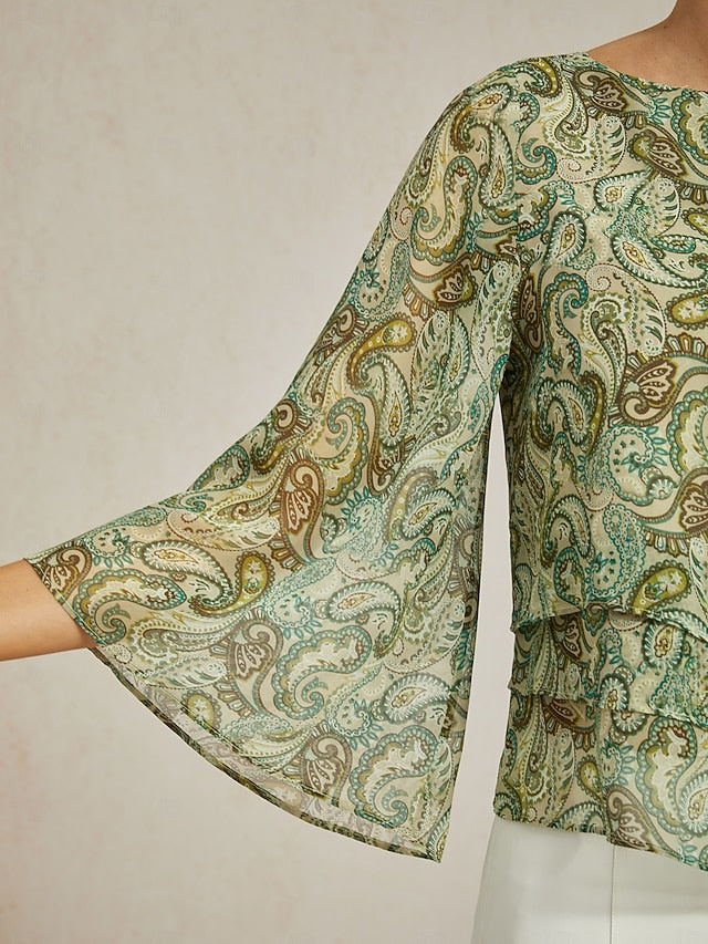 Women's Blouse Green Paisley Floral Layered 3/4 Sleeve