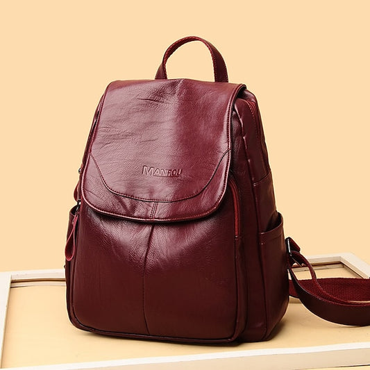 Leather Burgundy Backpack with Closure Women's Flap Faux