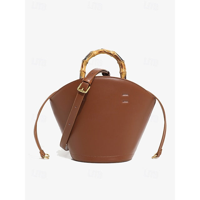 with Brown Women's Leather Bag Bucket Bamboo Handle