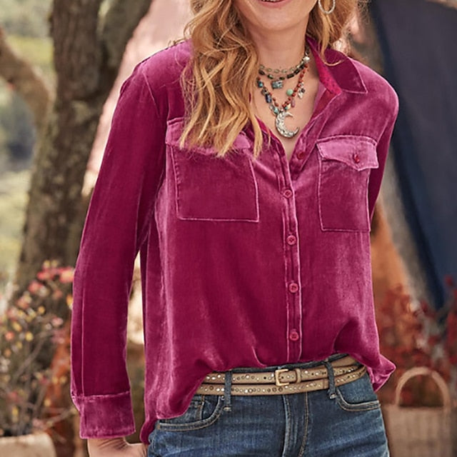 Women's Shirt Velvet Elegant Dressy Pocket Buttons Plain