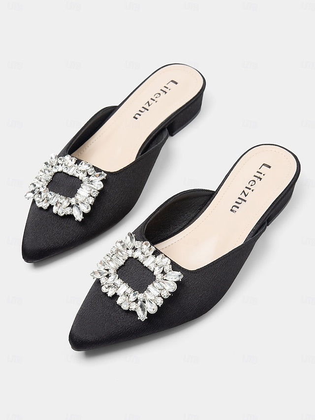 Black Mules Women's Pointed-Toe Satin Rhinestone with