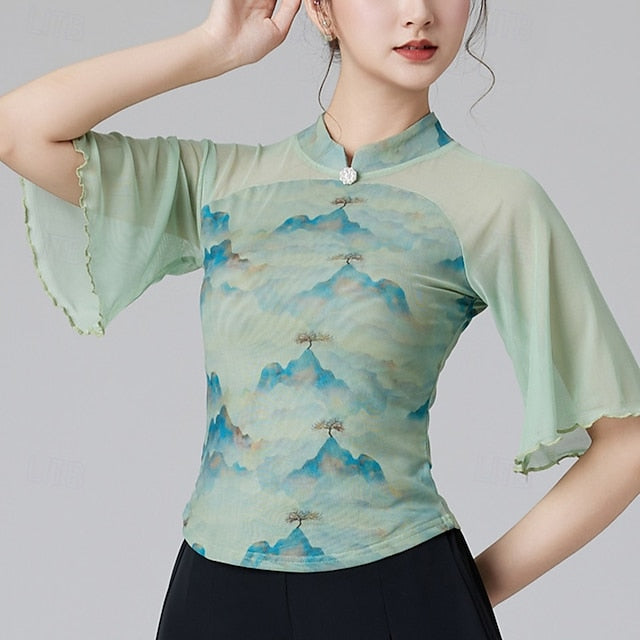 Latin Dance Top Splicing Tulle Women's Performance Training