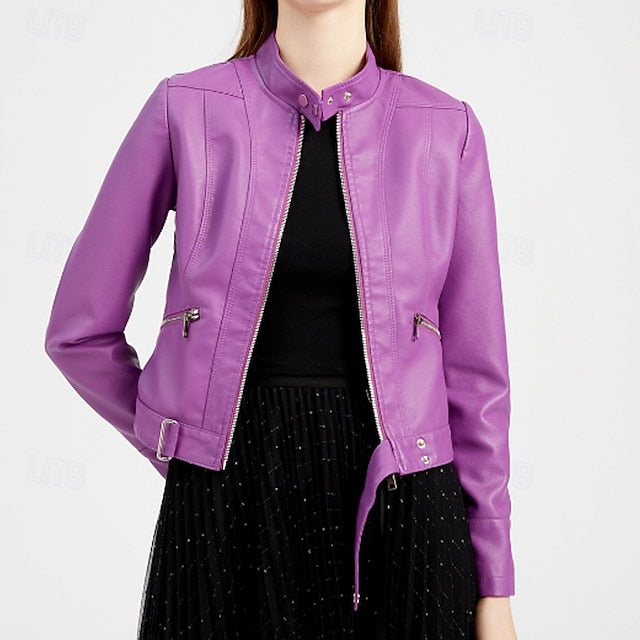 Women's Jacket Pocket Faux Zipper Leather Comfortable