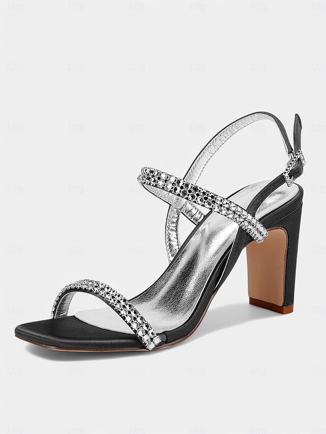 – Rhinestone Prom Women's Heel Sandals White Block Bridal
