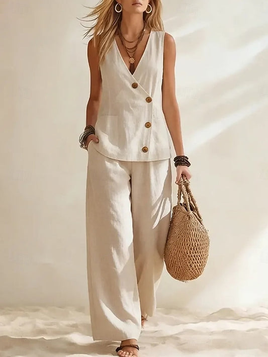 Women's Pants Sets Sleeveless V Neck Plain Fashion
