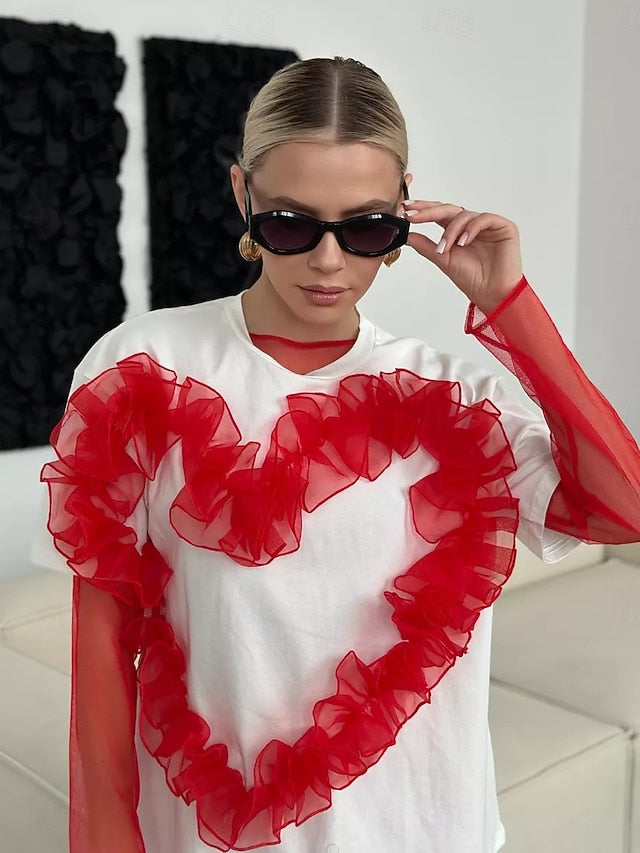 Women's 100% Cotton T Shirt Ruched Patchwork 3D Appliques
