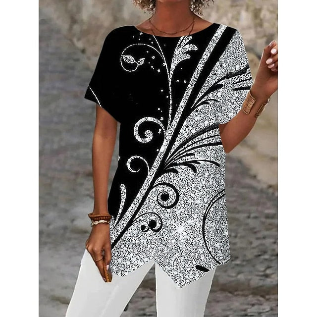 Women's Shirt Asymmetrical Hem Basic Abstract Print Short