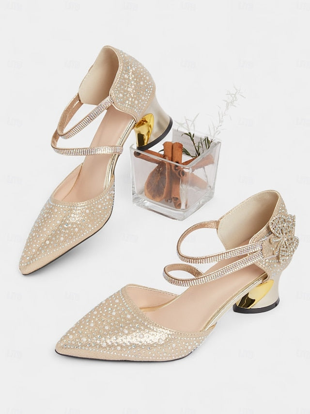 Ankle Pointed Women's Strap Low Rhinestone Glitter Heel Toe