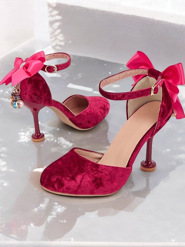Mary Burgundy Jane Velvet and Big Women's with Heels Bow