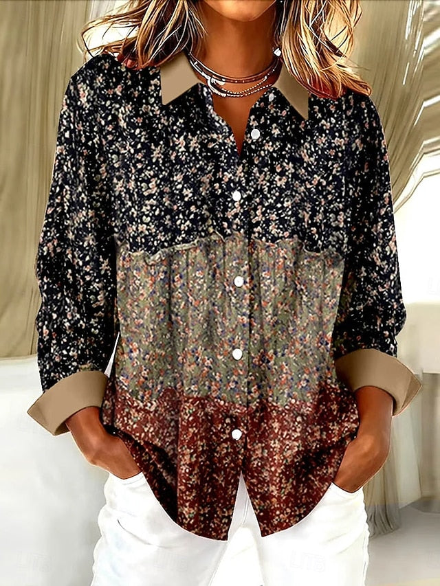 Women's Shirt Blouse Patchwork Buttons Print Floral Graphic