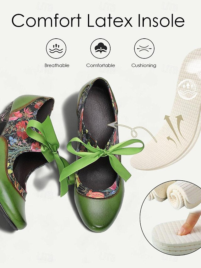 Mary Floral Heels Green Women's with Jane Leather Print