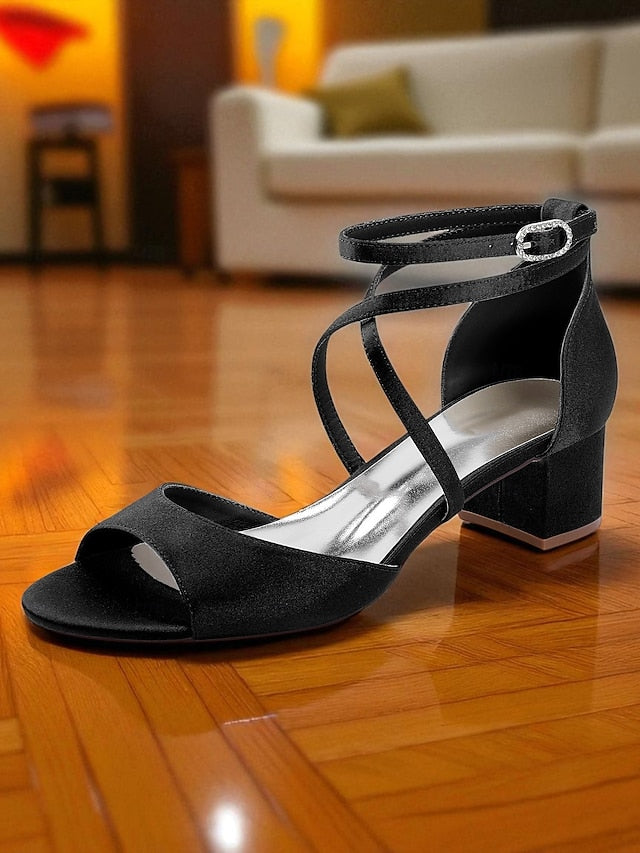 Women's Block - Elegant Strap Heel Ankle Satin Sandals with