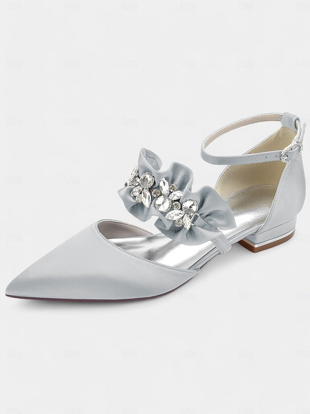 with Pointed-Toe Satin Women's Rhinestone Black Flats