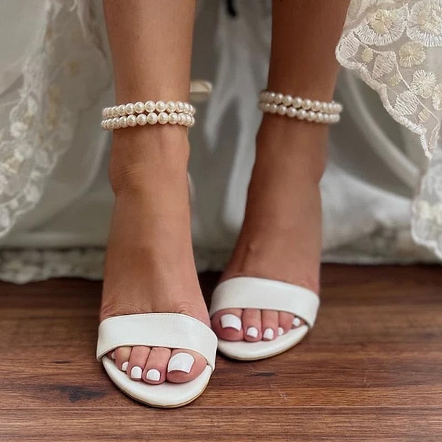 Sandals Satin Pearl with White - Heels and Wedding Anklet Block