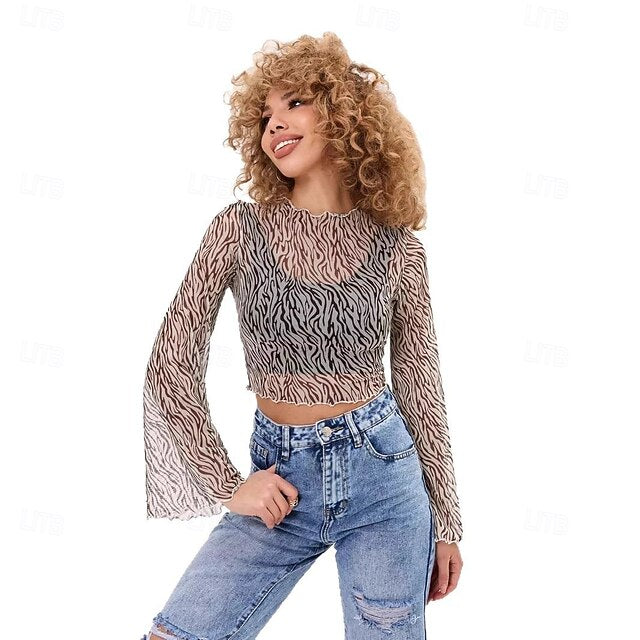 Retro Vintage 1970s Groovy Crop Top Bell Sleeve Disco Mesh Round