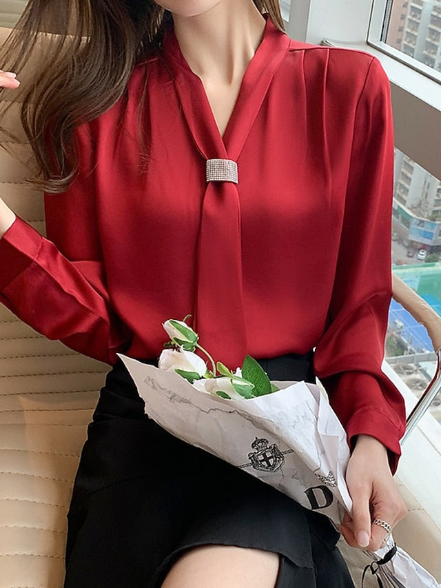 Women's Shirt Blouse Buttons Plain Elegant Stylish Long