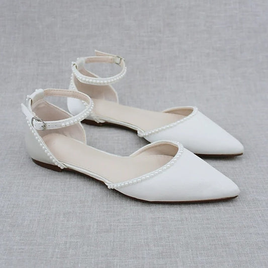 with Toe White Women's Shoes Flat Pearl-Embellished Pointed