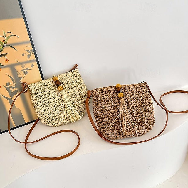 Straw Boho Handbag Women's Tassel Bag Woven – Crossbody