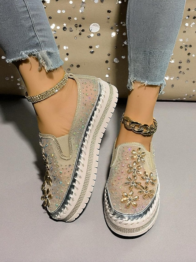 Rhinestone Sneakers with Mesh Women's Embellished Slip-On